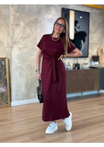 Mottisfashion Kadın Kısa Kollu Bisiklet Yaka Yandan Bağlamalı Viskon Iki Iplik Elbise
