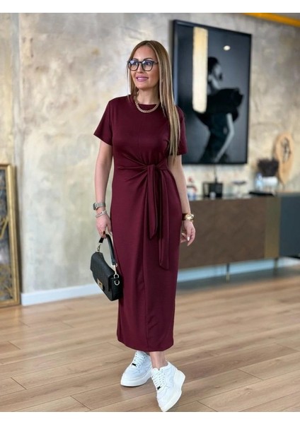 Mottisfashion Kadın Kısa Kollu Bisiklet Yaka Yandan Bağlamalı Viskon Iki Iplik Elbise