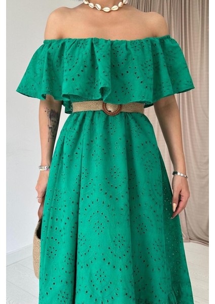 Mottisfashion Yeşil Omzu Lastikli Brode Elbise modelleri