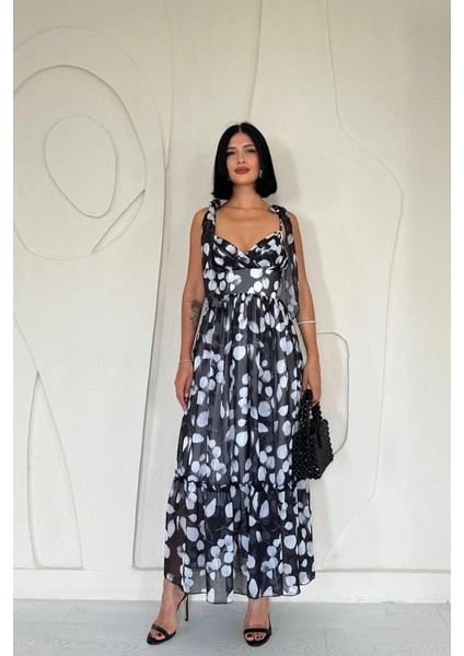 Mottisfashion Siyah Şifon Drapeli Elbise