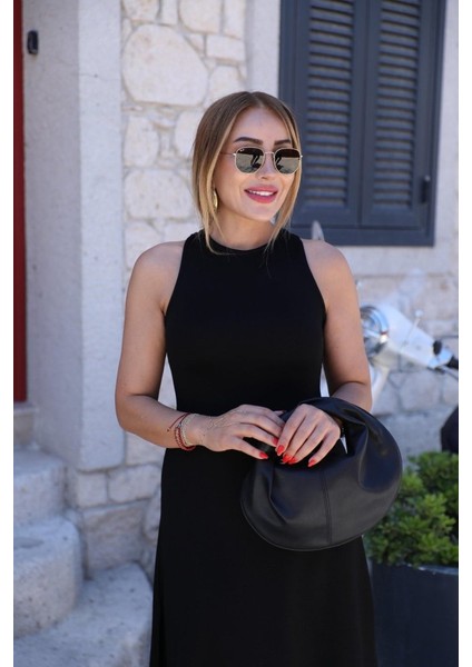 Mottisfashion Kadın Omuzlardan Açık Arkadan Aksesuar Detaylı Yırtmaçlı Janjan Krep Elbise fırsatları