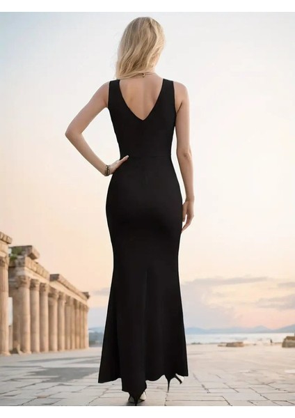 Mottisfashion Kadın Askılı Kruvaze Yaka Yırtmaç Detaylı Janjan Krep Elbise fırsatları