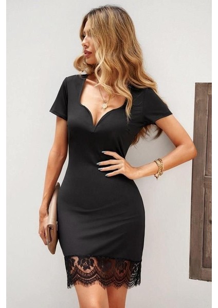 Mottisfashion Kadın Kısa Kollu Kalp Yakalı Dantelli Dalgıç Elbise