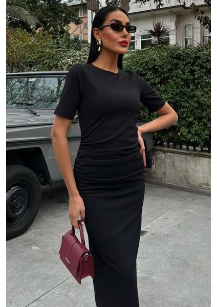 Mottisfashion Beli Büzgülü Midi Elbise 2853 indirimleri