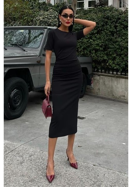 Mottisfashion Beli Büzgülü Midi Elbise 2853
