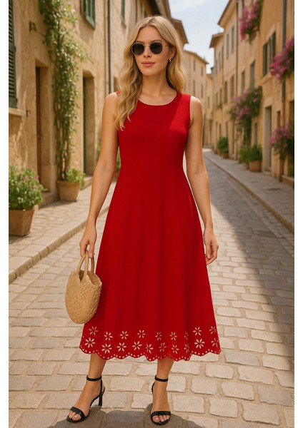 Mottisfashion Kadın Kolsuz Etek Ucu Lazer Kesim Çiçek Desenli Midi Boy Ithal Krep Elbise