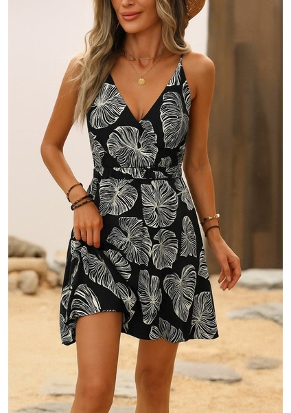 Mottisfashion Kadın Ip Askılı Kruvaze Yakalı Beli Lastikli Kısa Desenli Süprem Elbise
