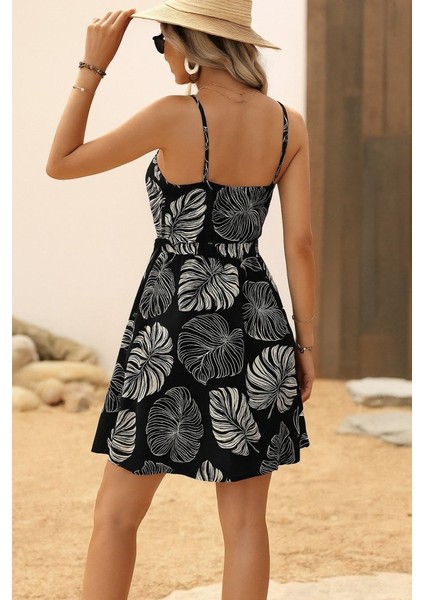 Mottisfashion Kadın Ip Askılı Kruvaze Yakalı Beli Lastikli Kısa Desenli Süprem Elbise fiyatları