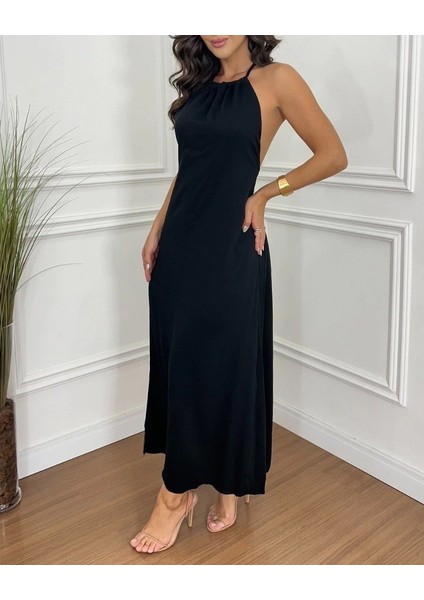 Mottisfashion Kadın Boyundan Askılı Halter Kollu Viskon Elbise