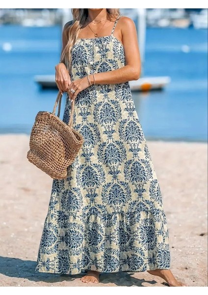Mottisfashion Kadın Ip Askılı Desenli Fırfırlı Süprem Elbise modelleri