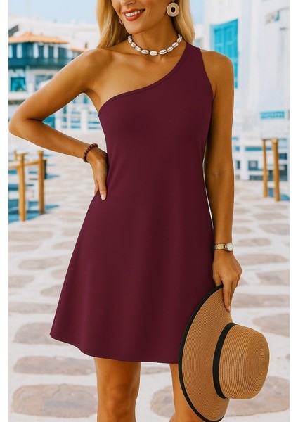 Mottisfashion Kadın Tek Omuz Askılı Krep Mini Elbise