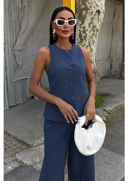 Mottisfashion Midi Şortlu ve Yelekli Viscon Takım 10167