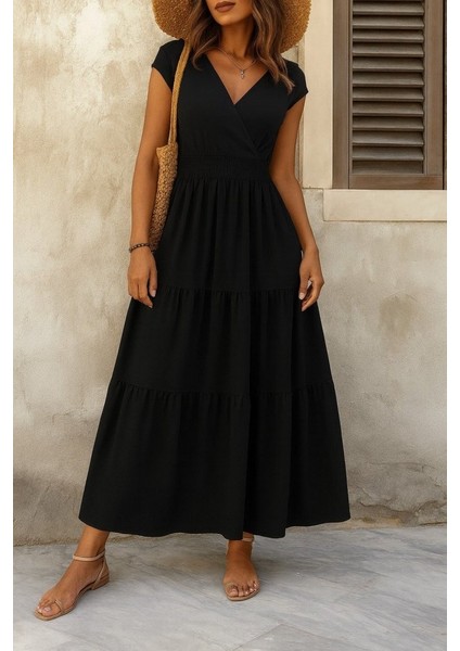 Mottisfashion Kadın Kısa Kollu Kruvaze Yaka Beli Lastikli Süprem Maksi Boy Elbise modelleri