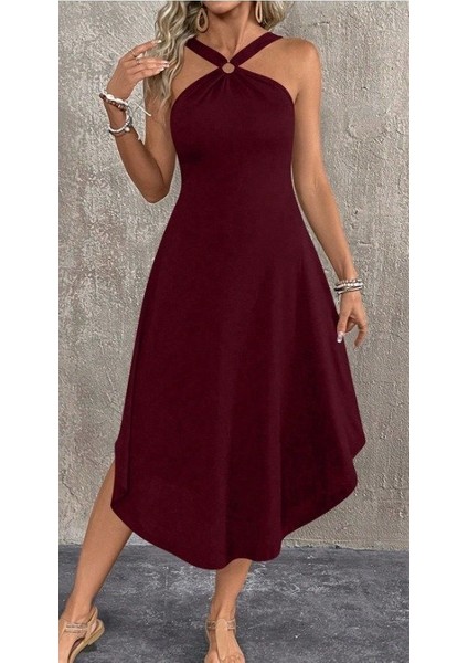 Mottisfashion Kadın Boyundan Çapraz Askılı Halka Detaylı Asimetrik Kesim Viskon Elbise