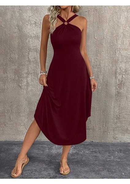 Mottisfashion Kadın Boyundan Çapraz Askılı Halka Detaylı Asimetrik Kesim Viskon Elbise modelleri