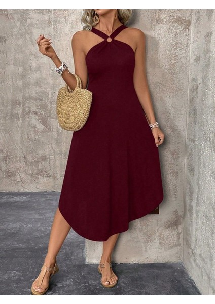 Mottisfashion Kadın Boyundan Çapraz Askılı Halka Detaylı Asimetrik Kesim Viskon Elbise fırsatları