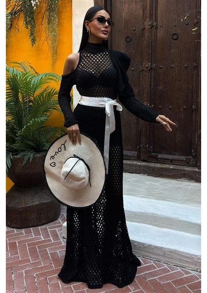 Mottisfashion Saten Kuşaklı Ajurlu Triko Elbise 2847