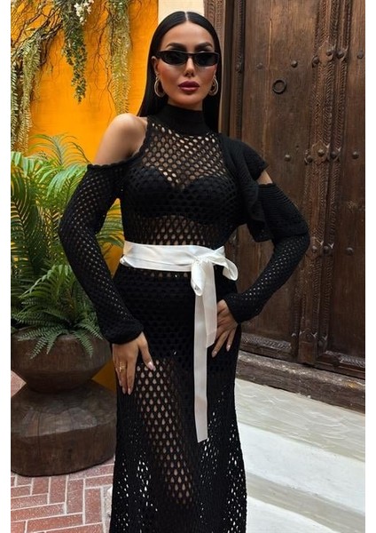 Mottisfashion Saten Kuşaklı Ajurlu Triko Elbise 2847 fiyatları