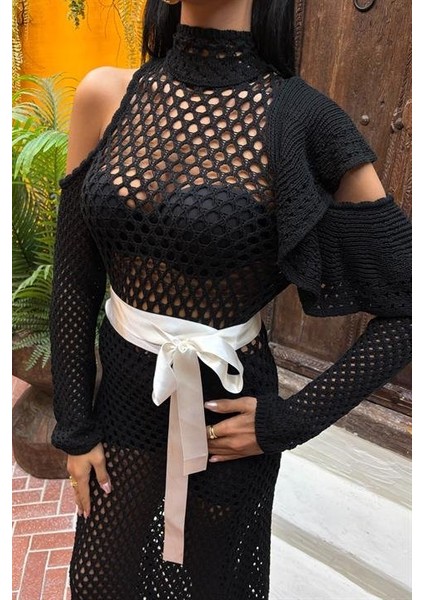 Mottisfashion Saten Kuşaklı Ajurlu Triko Elbise 2847 modelleri