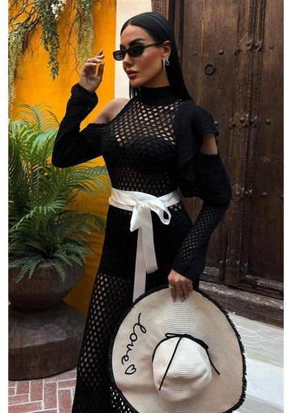 Mottisfashion Saten Kuşaklı Ajurlu Triko Elbise 2847