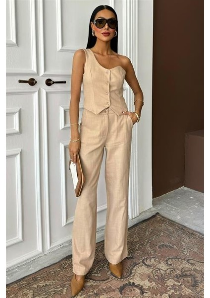 Mottisfashion Tek Omuz Büstiyer Plazzo Pantolon Viscon Takım 10159