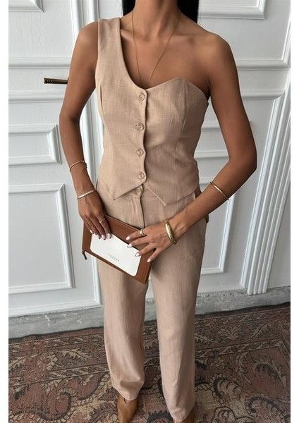 Mottisfashion Tek Omuz Büstiyer Plazzo Pantolon Viscon Takım 10159