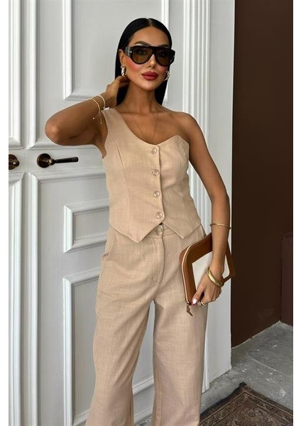 Mottisfashion Tek Omuz Büstiyer Plazzo Pantolon Viscon Takım 10159