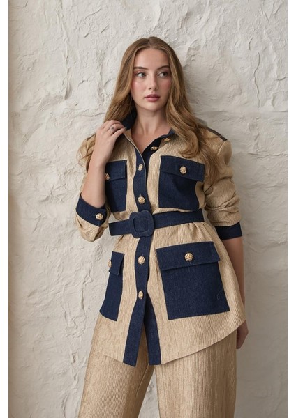 Mottisfashion Sarı Garnili Cepli Gömlek ve Pantolon Takım modelleri