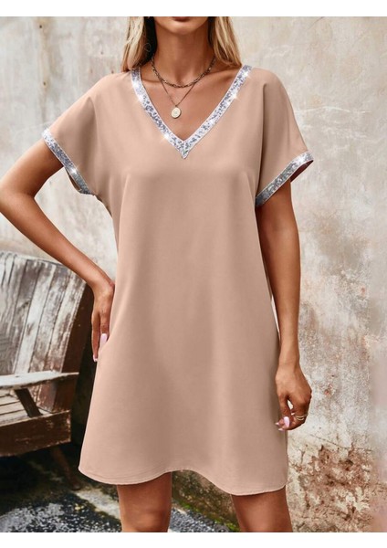 Mottisfashion Kadın Yaka ve Kol Pul Payet Şeritli Ithal Krep Elbise modelleri