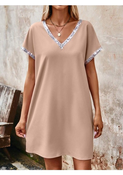 Mottisfashion Kadın Yaka ve Kol Pul Payet Şeritli Ithal Krep Elbise fırsatları