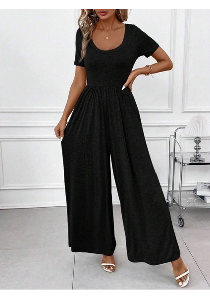 Mottisfashion Kadın Kısa Kollu Yuvarlak Yaka Geniş Paçalı Bürümcük Tulum