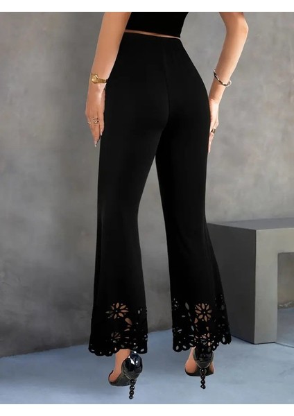 Mottisfashion Kadın Yüksek Bel Paçaya Doğru Genişleyen Lazer Çiçek Kesim Detaylı Ithal Krep Pantolon modelleri