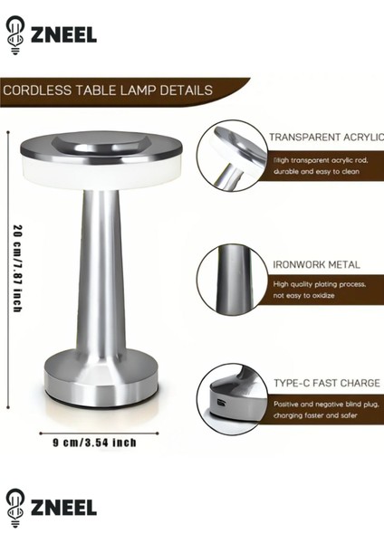 Silver Dokunmatik Metal Masa Lambası – 3 Renk Ayarlı, Şarjlı, 8 Saat Işık Süresi Znlnht6, One Size