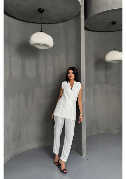 Mottisfashion Jakar Kumaş Yelek - Pantolon Takım - Beyaz