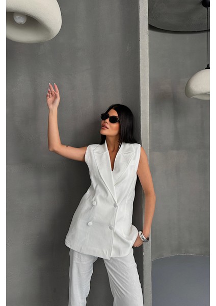 Mottisfashion Jakar Kumaş Yelek - Pantolon Takım - Beyaz fiyatları