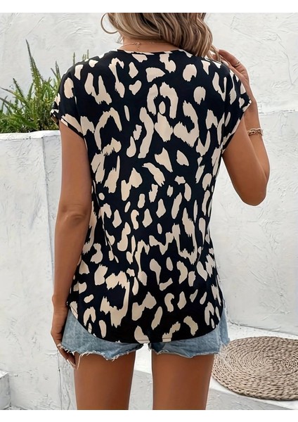 Mottisfashion Kadın Kısa Kollu V Yakalı Desenli Süprem Bluz modelleri