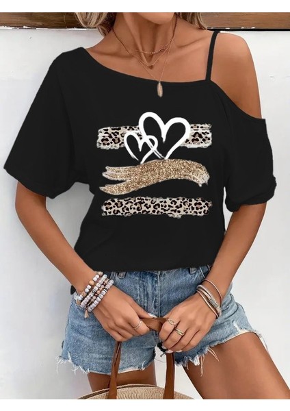 Mottisfashion Kadın Tek Omuzu Açık Ip Askılı Baskılı Viskon Bluz