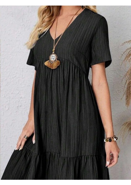 Mottisfashion Kadın Kısa Kollu V Yakalı Fırfırlı Bürümcük Elbise fiyatları