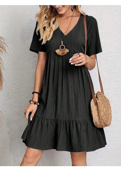 Mottisfashion Kadın Kısa Kollu V Yakalı Fırfırlı Bürümcük Elbise modelleri