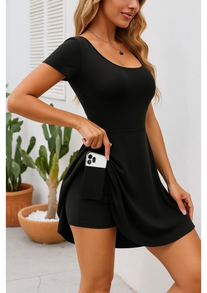 Mottisfashion Kadın Kısa Kollu Kare Yaka Short Detaylı Cepli Dalgıç Elbise