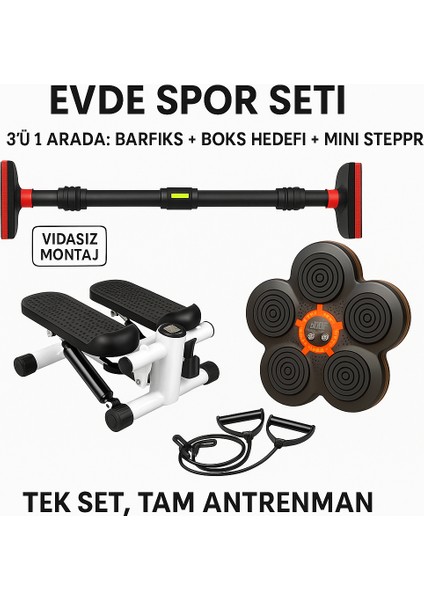 Tam Donanılmı Spor Seti 3'ü 1 Arada Barfiks Demiri-Boks Pedi-Egzeriz Aleti