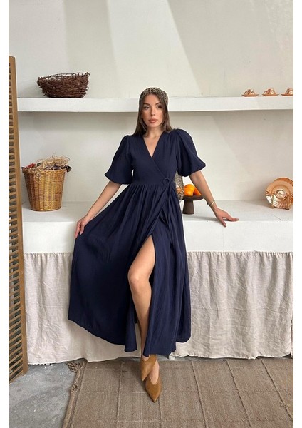 Mottisfashion Lacivert Müslin Uzun Elbise
