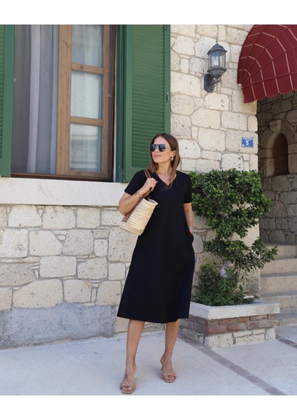 Mottisfashion Kadın Kısa Kollu V Yaka Cepli A Kesim Detaylı Viskon Elbise