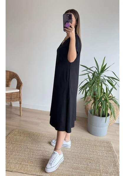 Mottisfashion Kadın Kısa Kollu V Yaka Cepli A Kesim Detaylı Viskon Elbise fırsatları