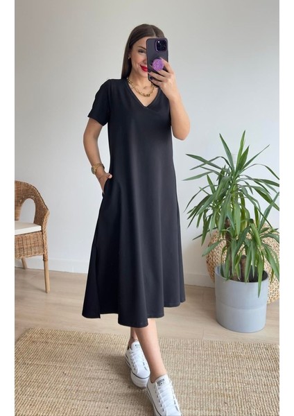 Mottisfashion Kadın Kısa Kollu V Yaka Cepli A Kesim Detaylı Viskon Elbise indirimleri