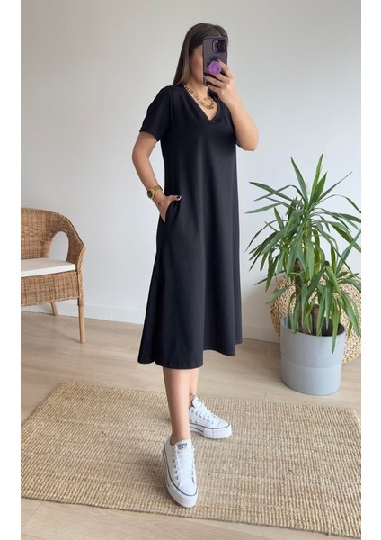 Mottisfashion Kadın Kısa Kollu V Yaka Cepli A Kesim Detaylı Viskon Elbise