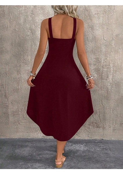 Mottisfashion Kadın Boyundan Çapraz Askılı Halka Detaylı Asimetrik Kesim Viskon Elbise