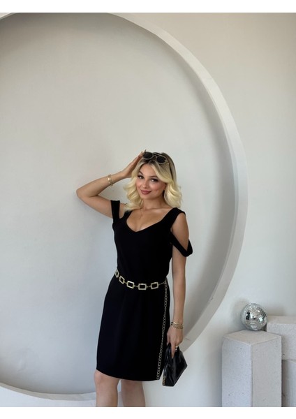 Mottisfashion Kadın Askılı Soğuk Omuz Detaylı Modal Elbise