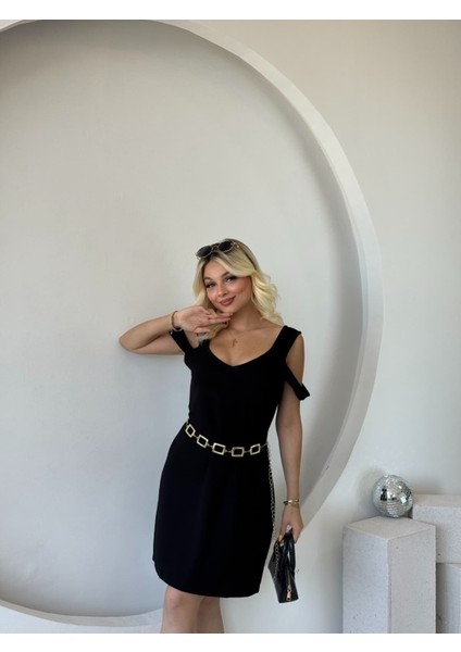 Mottisfashion Kadın Askılı Soğuk Omuz Detaylı Modal Elbise