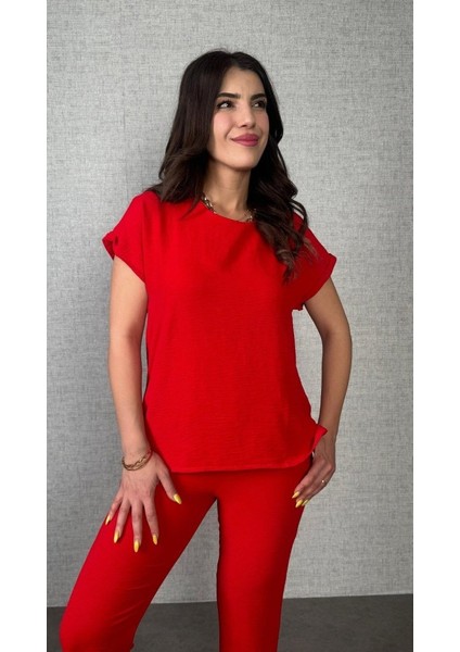 Mottisfashion Kadın Kısa Kollu Yuvarlak Yaka Aerobin Bluz ve Pantolon Ikili Takım